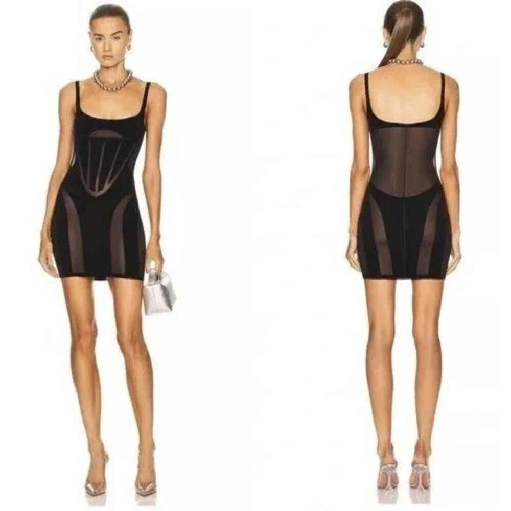 Mugler Wolford L Flock Shaping Mini Dress Black Shapewear Bodycon Glam Disco NWT